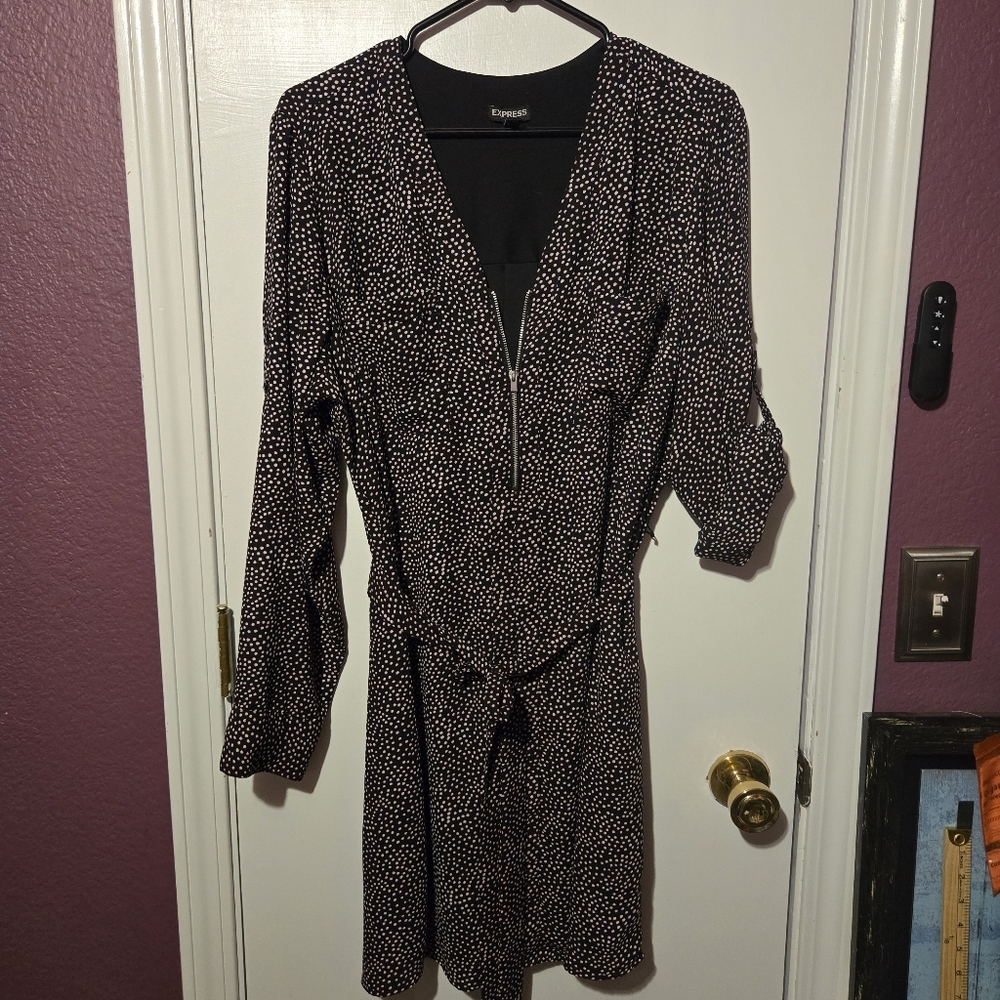 Express Polka Dot Half Zip Shirt Dress Tie Waist, Women's Size XL